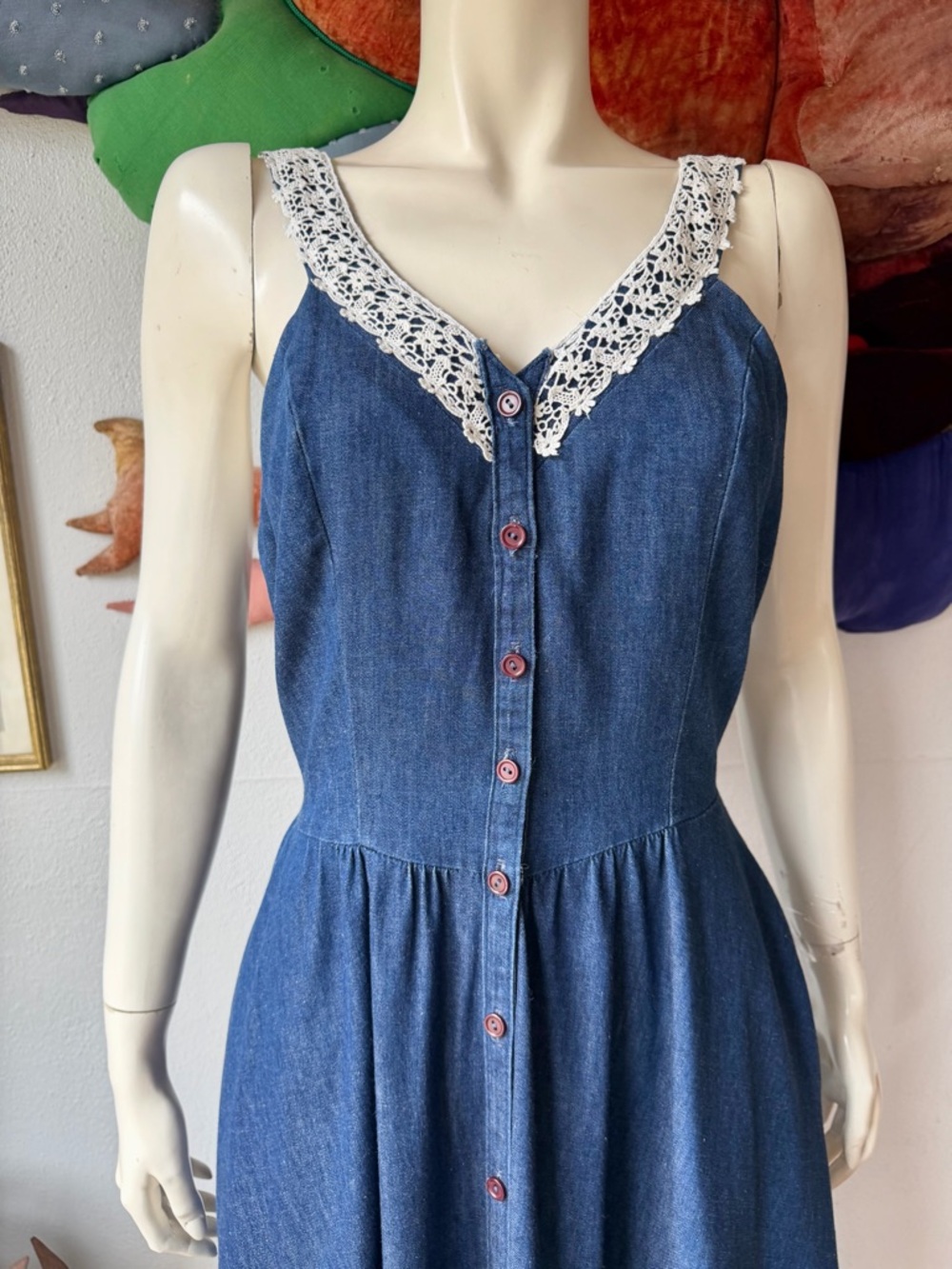 Vintage GUNNE SAX Dark Denim Sundress Dress Midi Size 13 Full Skirt Prairie Blue - Picture 5 of 8